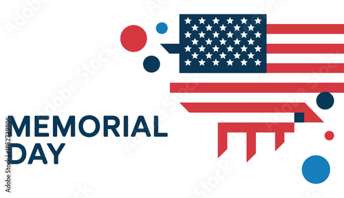  Memorial Day modern flat illustration with abstract American flag elements, red white blue geometric shapes and clean typography honoring fallen heroes, remembrance and patriotism