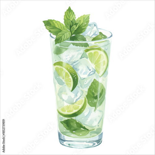 Fresh Mint Mojito Watercolor Cocktail Vector Isolated on White Background
