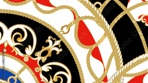 An intricate pattern featuring gold chains baroque details and bold color blocks
