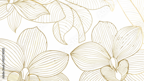 Elegant gold floral pattern with delicate orchid like blooms on white background