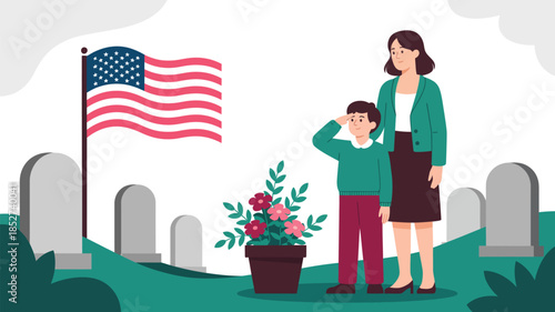  Memorial Day illustration showing mother and child honoring fallen soldiers at military cemetery with American flag, remembrance flowers, patriotic tribute, respect and national pride