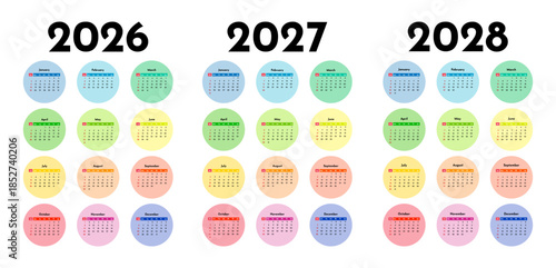 Set of calendars for 2026, 2027 and 2028 on a white background