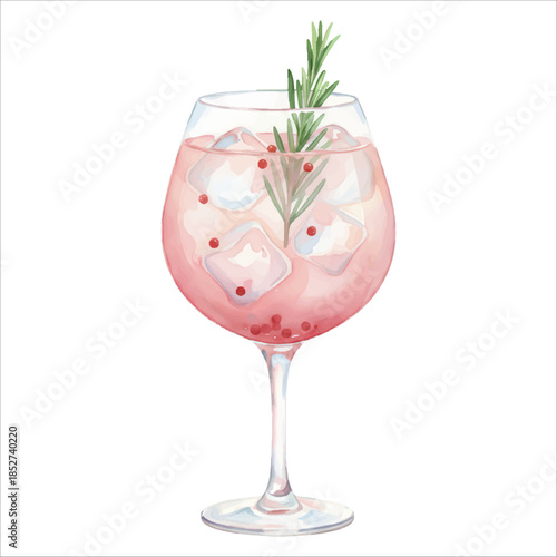 Pink Gin and Tonic Watercolor Cocktail Vector Isolated on White Background
