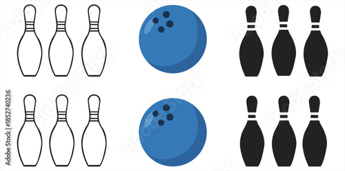 Bowling Icons A collection of simple, yet bold illustrations showcasing a blue bowling ball and bowling pins, set against a simple backdrop, ready for use in any project