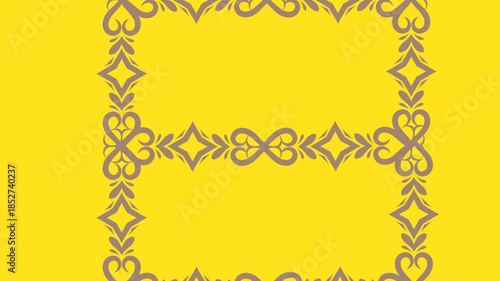 draw set of several green flower enclose by golden frame in square shape on yellow screen background
