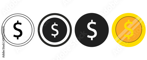 Money Coin Variations A collection of various money coin designs, each featuring a prominent dollar symbol, showcasing a spectrum of financial concepts.