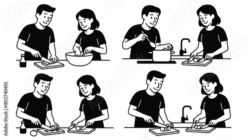 Couple cooking together in kitchen, preparing meal, happy relationship, teamwork, love, food