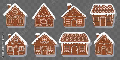 Gingerbread House Collection An array of detailed gingerbread house illustrations, each exuding warmth and charm with intricate icing designs. Evoking holiday cheer and sweet tradition.