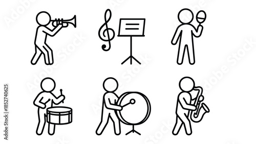 Stick figures playing musical instruments in a band with sheet music