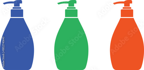 Three colorful pump bottles in blue, green, and orange on white background toiletry and hygiene product design