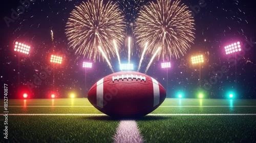 American football on a stadium field with fireworks display and stadium lights. Sport championship event or celebration concept.