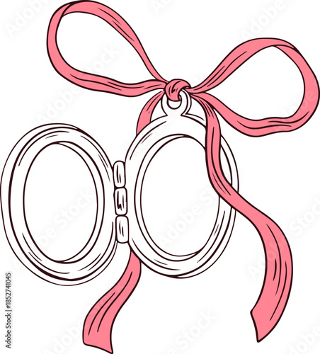 Hand drawn locket with ribbon and bow. Coquette vintage love locket. Whimsical girly medallion for greeting cards, wedding and invitations. Minimalist line art. Elegant vector valentines day print