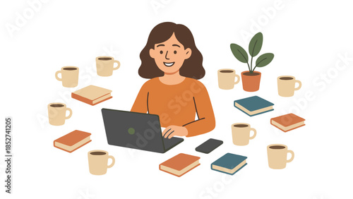 Woman working on laptop surrounded by books and coffee cups at home office desk