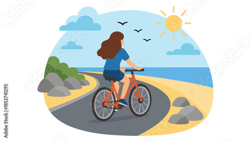 Woman riding bicycle on beach road sunny day illustration