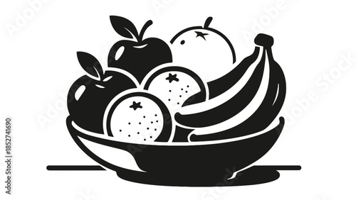 Black and white illustration of fruit bowl with apples, bananas, and dragon fruit