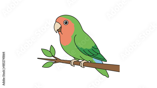 Colorful parrot perched on a branch with leaves, vibrant green and pink feathers