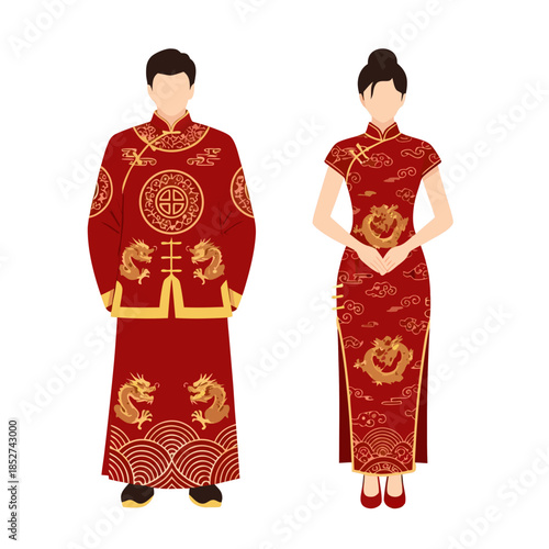 Traditional Chinese couple in red attire with gold patterns  