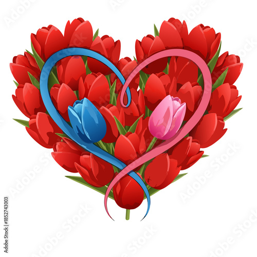 Heart-shaped bouquet of red tulips with blue and pink accents  