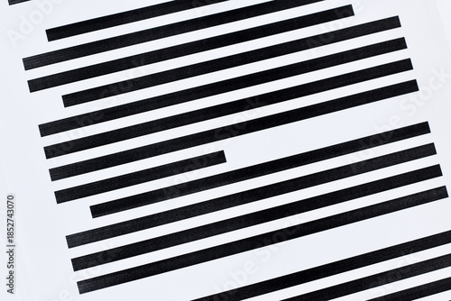 Documents with fully blacked out text. Censorship secrecy and hidden information concept