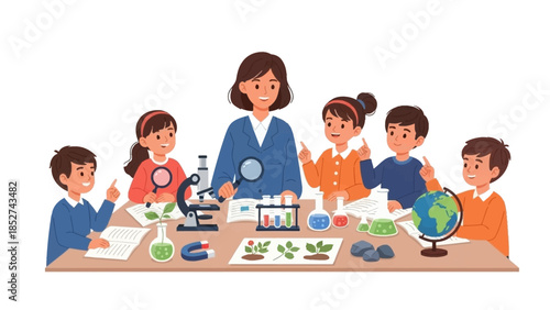 Enthusiastic elementary school children and their supportive teacher engaging in a collaborative science experiment, fostering curiosity and discovery