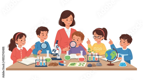 Children engaged in a science class, looking through magnifying glasses at experiments on a table with their teacher