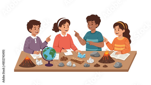 Children exploring a science table with rocks, a globe, and volcano models, engaged in a lively discussion