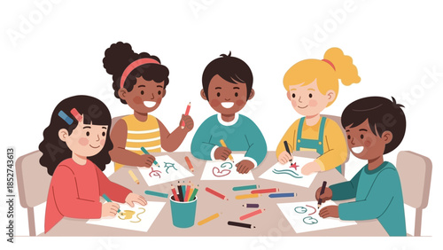 A cheerful illustration depicting a diverse group of happy children drawing and coloring together, fostering imagination, creativity, and collaborative early learning