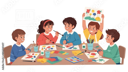 Joyful group of diverse children engaged in a vibrant arts and crafts session, happily painting, cutting, and creating colorful masterpieces at a creative workshop