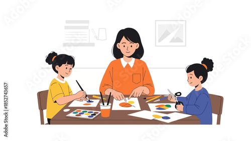 Creative Art Class for Children Teacher Guides Young Students in Painting and Crafting Fun Activities