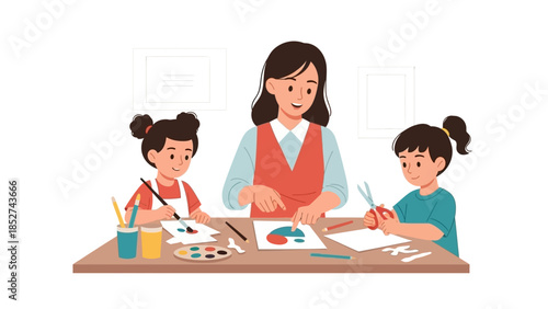 Teacher guiding children in an art class, fostering creativity and fine motor skills development