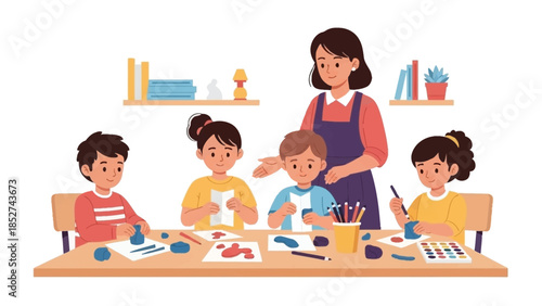 Happy diverse children engaged in a creative art and craft lesson with their teacher, fostering early education and imaginative development in a supportive classroom setting