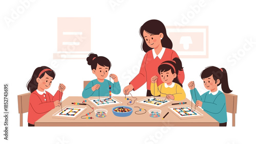 Children engaged in a creative arts and crafts session, guided by a teacher, making jewelry and art