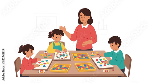 Enthusiastic female teacher engages a diverse group of young children in a vibrant and educational craft activity, fostering creativity and learning in an early childhood classroom setting