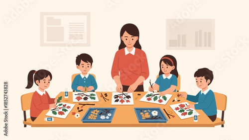 Caring teacher guides enthusiastic young students during a vibrant arts and crafts lesson, fostering creativity and hands-on learning in a collaborative classroom environment