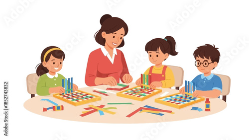 Teacher leading children in educational game with colorful blocks at table
