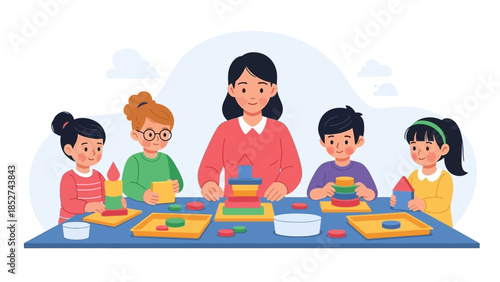 Diverse group of young children joyfully learning and playing with colorful stacking blocks, guided by a caring teacher in a vibrant early education classroom