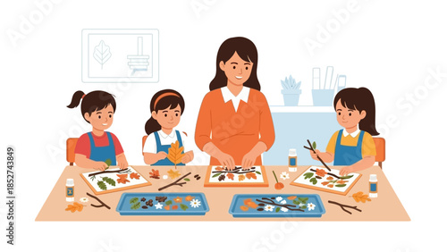 Children engaging in a creative autumn craft activity with their teacher, decorating with leaves