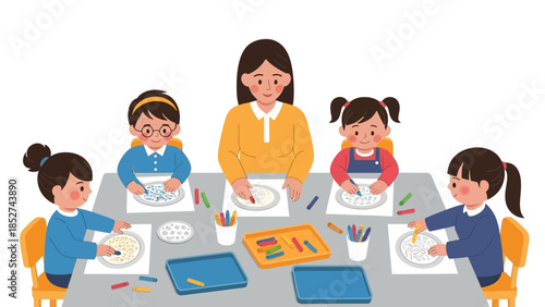 Teacher leading a creative art class with young children engaged in drawing and coloring activities at a table