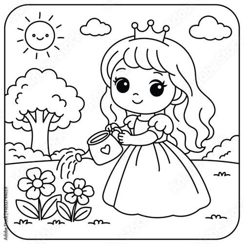 Cute Princess Watering Flowers Coloring Page for Kids – Garden Fairy Tale Girl Line Art Illustration