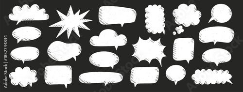 Crayon speech bubbles set. Chat talk boxes. Chalk draw silhouette frames. Kid doodle dialogue balloon clouds. Pencil drawing, white thought elements, black background. Vector illustration