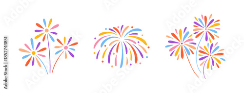 Crayon colorful fireworks set. Hand drawn sketches of whimsical sparkles, firecrackers, and magical bursts. Cute childish chalk drawings for birthday, carnival, party, and holiday. Vector illustration