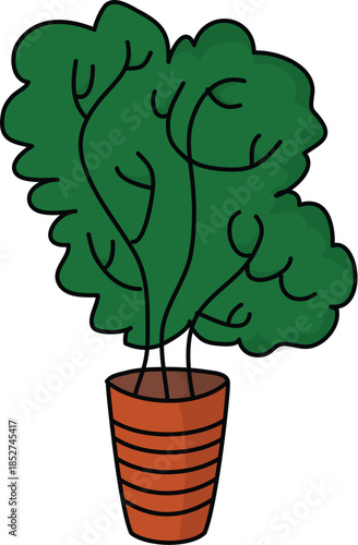 Cartoon green bushy houseplant in a decorative brown terracotta pot