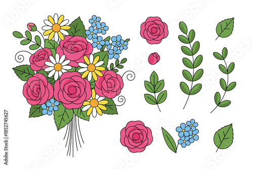Floral Arrangement, Bouquet Design, Garden Setting, Illustration, Creative Display, Top-Down View, Nature Inspiration