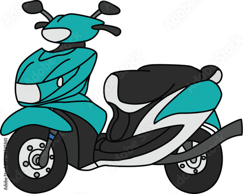 Teal Motor Scooter Vector Illustration, Modern City Moped Isolated on White
