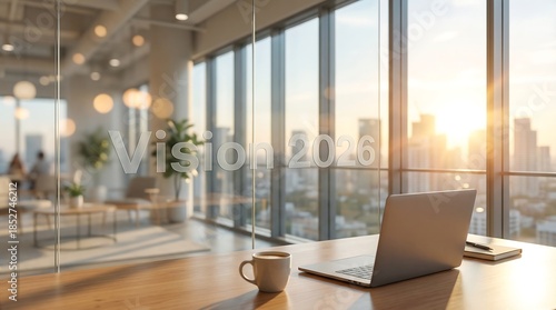 Modern office space with laptop and coffee