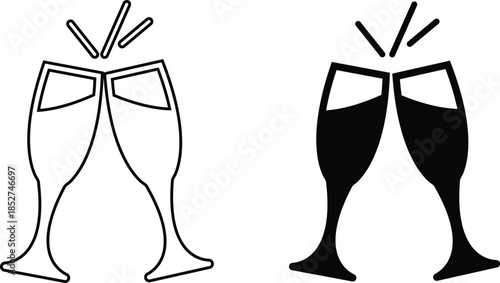 Two wine glasses icon. Clink, cheers and toasting. Vector outline and transparent illustration. Clipart on clear white background .