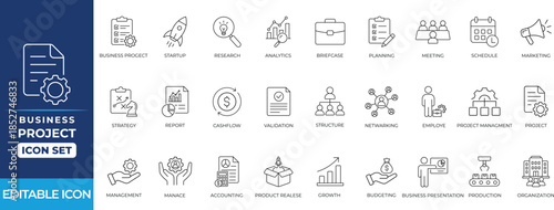 Business project line icon set with planning, management, employee, project, manager, profit, plan, timeline, teamwork symbols corporate apps, editable vectors.