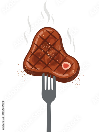 Held aloft on a grey fork, this mouthwatering grilled steak features distinct cross-hatch char marks, rising steam, and a scatter of seasoning, promising a hot and savory meal for any meat lover