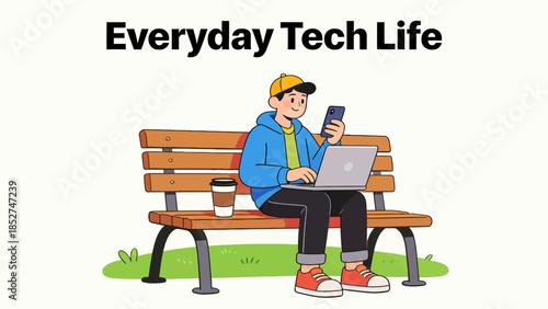 Man Using Laptop and Phone on Bench