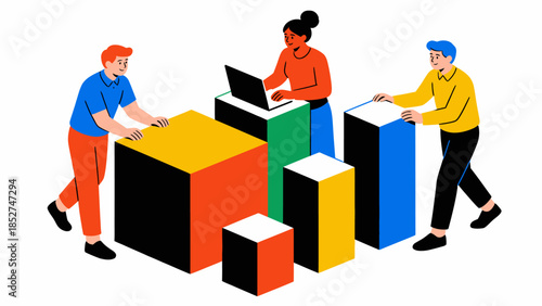 Three people assembling colorful blocks